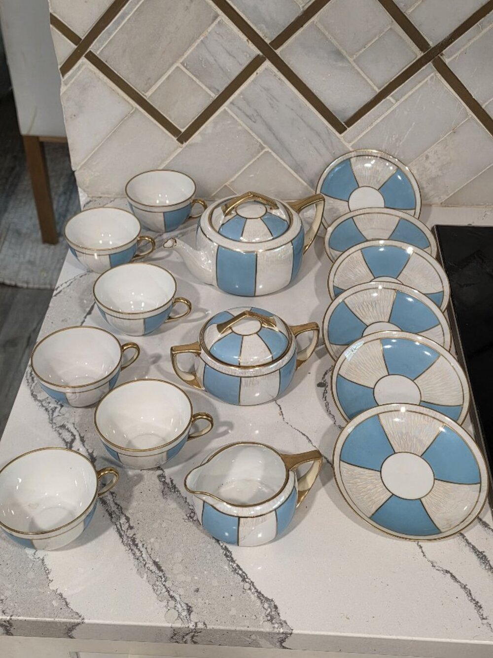Noritake Tea Set 15-Piece Blue White Pearlescent w/ gold Porcelain Made In Japan